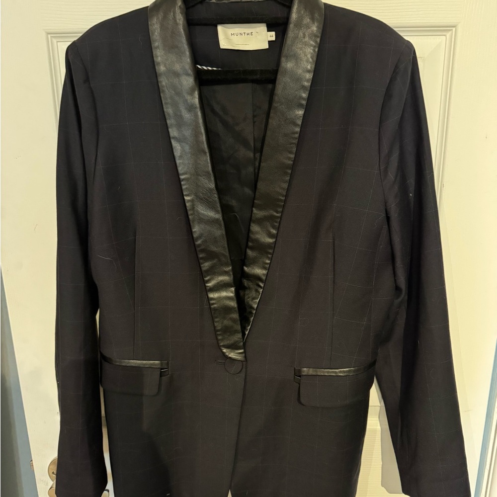 Munthe window pane plaid blazerwith leather trim
